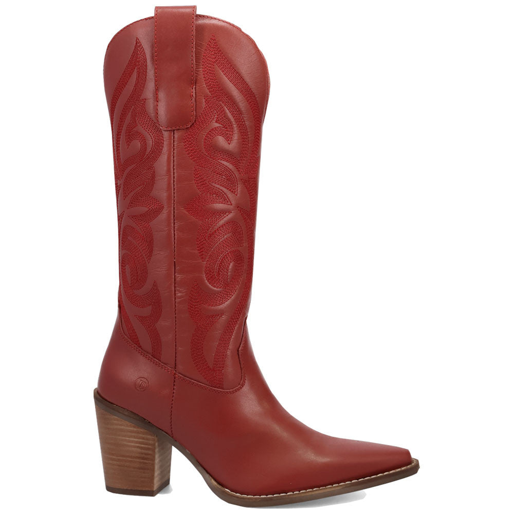 Hensley Leather Red-on-Red Embroidered Wooden Block Heel Snip Toe Women Boot | Dingo Western Cowgirl Boots