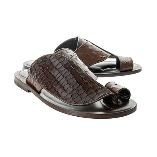 Corrente Men's Brown Croco Print Ostrich Leather Open Toe Sandal