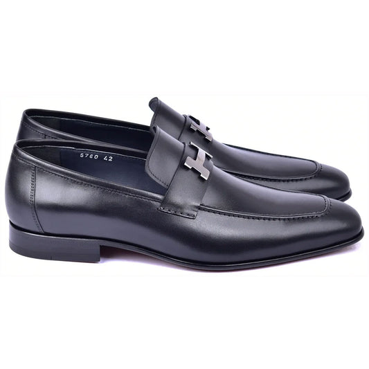 Corrente Men’s H Buckle French Calfskin Black Almond Toe Loafer
