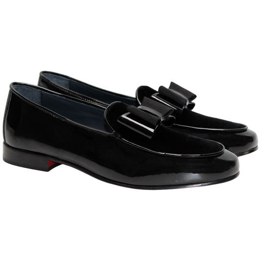 Duca Amalfi Black Patent Leather & Velvet With Silk Bow Dress Shoes
