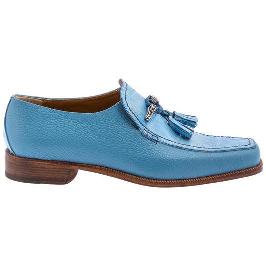 MAURI Shoes Men’s Square Toe Tassel Slip-On Light Blue Time Leather & Baby Crocodile Luxury Dress Loafers