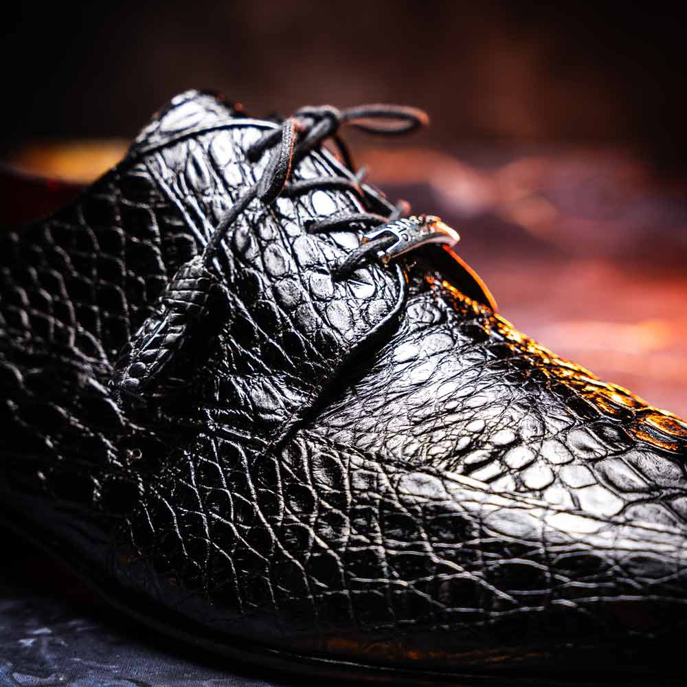 Leonardo Men’s Genuine Caiman Crocodile Dress Derby | Marco Di Milano Exotic Shoes in Black
