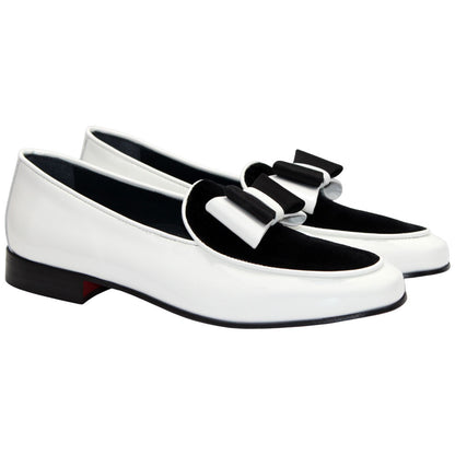 Amalfi White & Black Velvet & Patent Leather Slip on | Duca Bow Dress Loafers