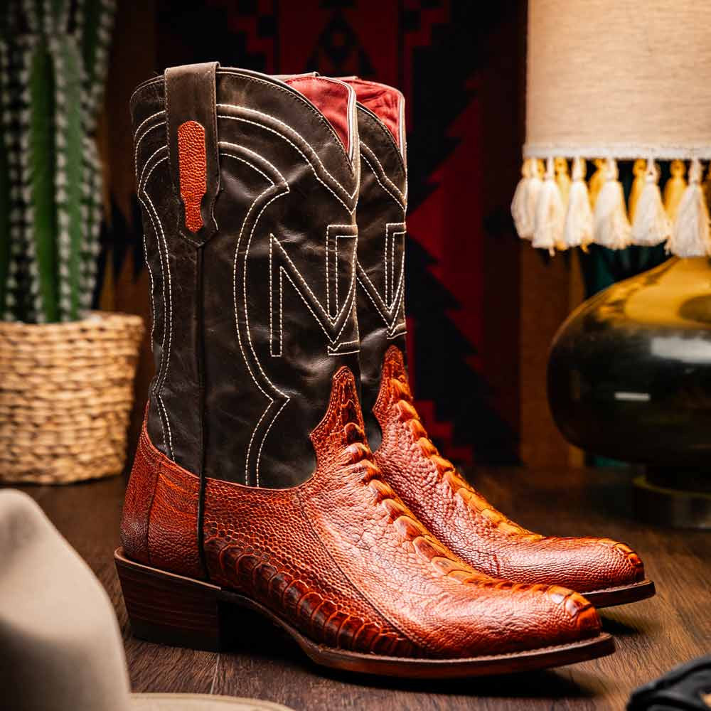 Denver Genuine Ostrich Leg Skin Cognac Cowboy Boot | Marco Di Milano Western Boots