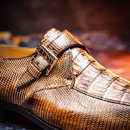 Toluca Genuine Crocodile and Lizard Skin Monk Strap | Marco Di Milano Exotic Dress Shoes in Rustic Orix