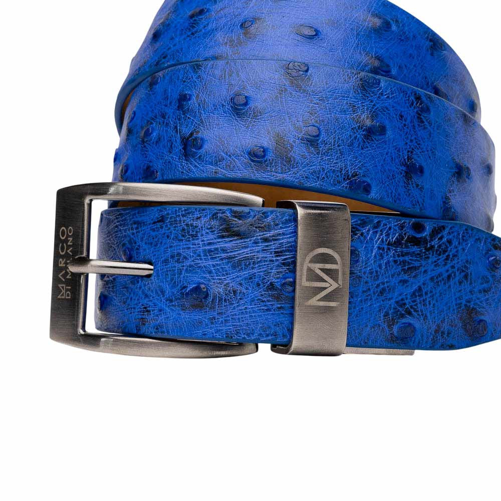 Domenico Men’s Genuine Exotic Ostrich Belts With Brushed Chrome Buckle | Marco Di Milano Exotic Belt in Blue