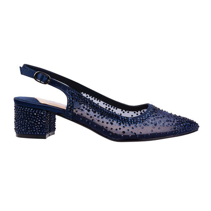 Lady Couture DEMI Navy Rhinestone Mesh Slingback Block with 2.5-Inch Heel