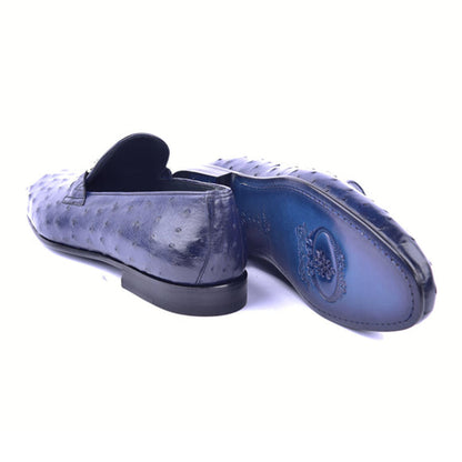 Corrente Genuine Ostrich Skin Silver Wow Bit Buckle Blue Loafers