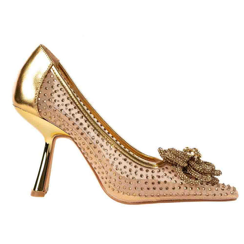 Lady Couture SWEET Gold Rhinestone Ornament Mesh Pump with 3.5 Inch Heel