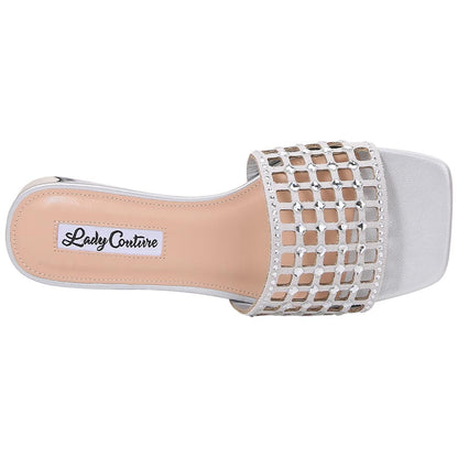 Lady Couture Women's Garden Silver Geometric Crystal Flat Slide Sandals