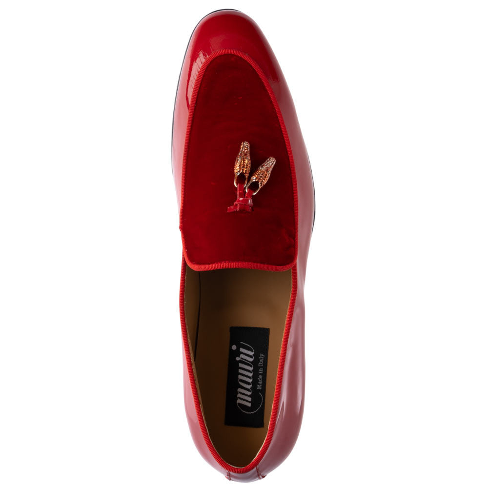 MAURI Shoes Men’s Bliss Red Patent Leather & Velvet Tassel Moc Toe Luxury Dress Loafers