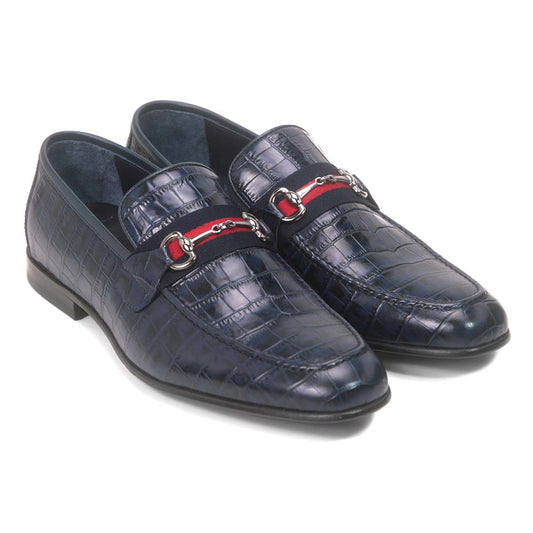 Golden Pass Blue Crocodile Print Horse Bit Loafers for Men