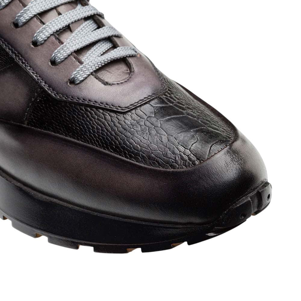 Mezlan Arkley Men's Grey Calfskin & Ostrich Dress Sneaker - Handmade in Spain