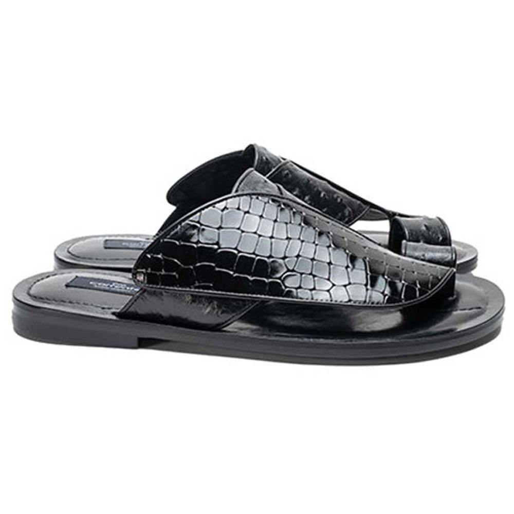 Corrente Resort Black Crocodile Printed Ostrich Leather Sandals for Men
