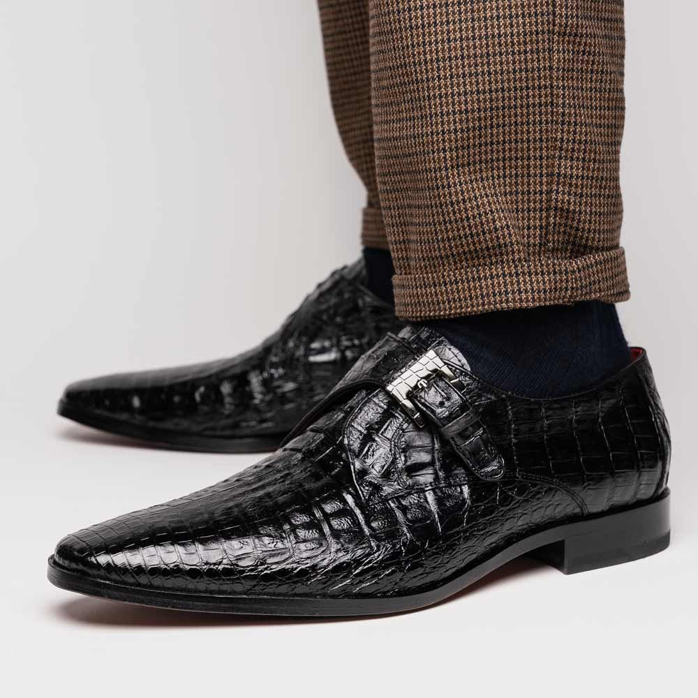 Rovigo Black Men’s Genuine Caiman Crocodile Dress Monk Strap | Marco Di Milano