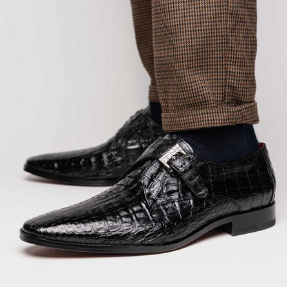 Rovigo Black Men’s Genuine Caiman Crocodile Dress Monk Strap | Marco Di Milano