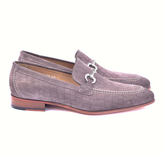 Corrente Crocodile Print Taupe Suede Bit Loafers for Men