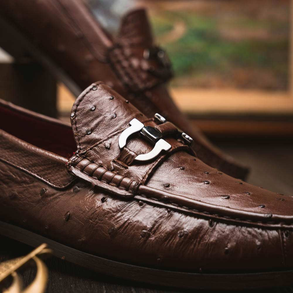 Ferrioni Kango Tabac Men’s Genuine Ostrich Moc Toe Bit Loafers | Marco Di Milano