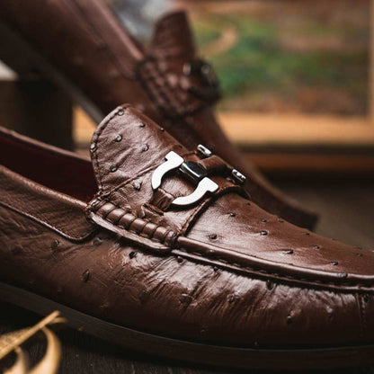 Ferrioni Kango Tabac Men’s Genuine Ostrich Moc Toe Bit Loafers | Marco Di Milano
