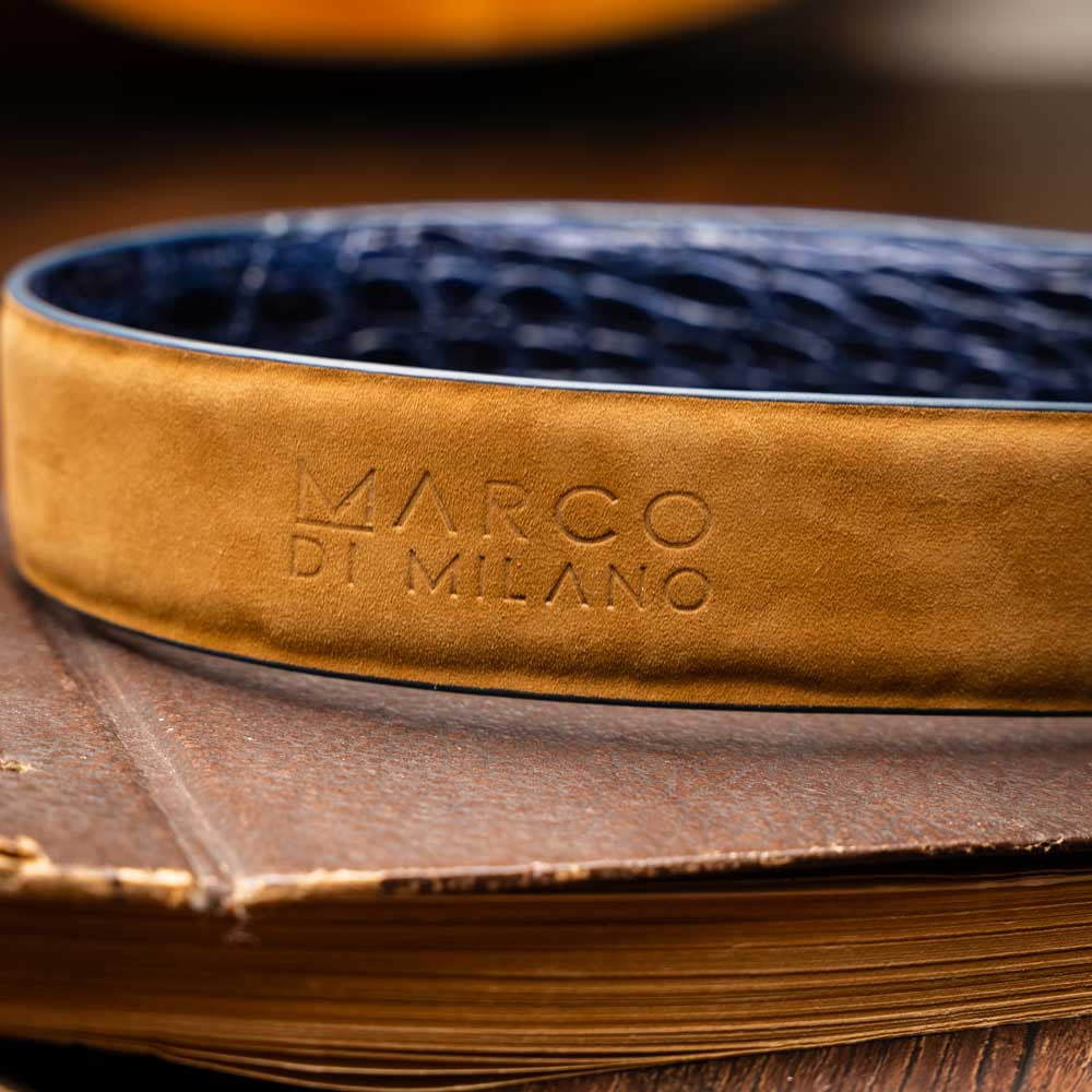Massimo Genuine Exotic Caiman Flank Navy Belt with a Chrome Buckle | Marco Di Milano Exotic Belt