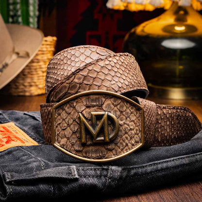 Arkansas Genuine Python Skin Western Belt in Brown with Antique Western Buckle | Marco Di Milano Exotic Belt