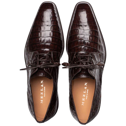 Mezlan Riverside Crocodile Skin Cap Toe Brown Derby Lace Up Shoes