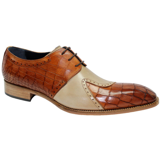Duca Valentano Men's Cognac/Beige Calf-Skin Croco Print Leather Oxfords Shoes