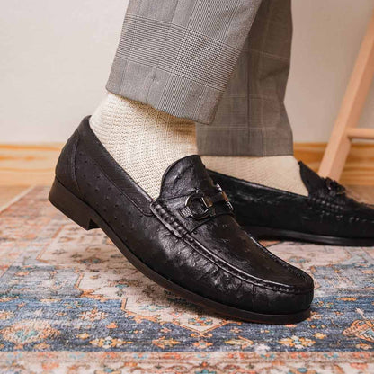 Ferrioni Black Men’s Genuine Ostrich Moc Toe Bit Loafers | Marco Di Milano