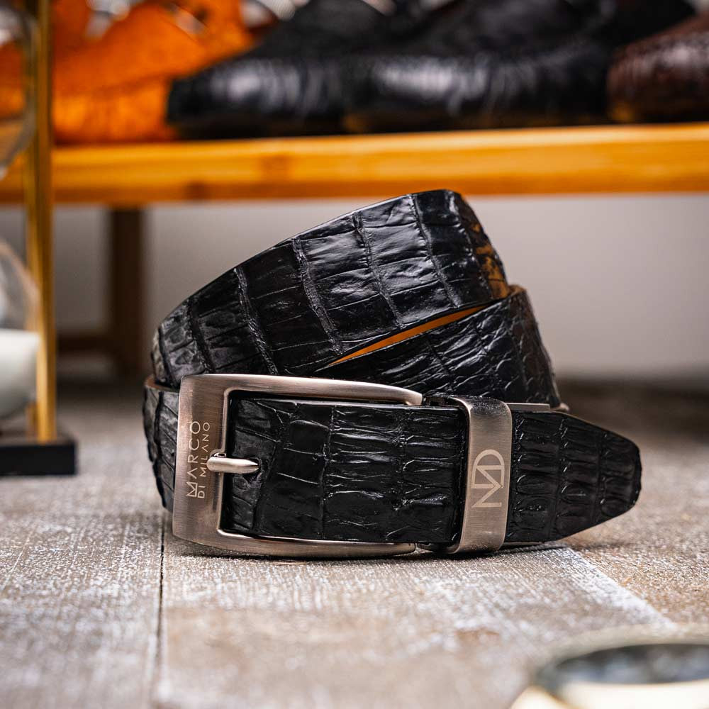 Silvio Genuine Caiman Fuscus-Back Black Belt with a Chrome Buckle | Marco Di Milano Exotic Belt