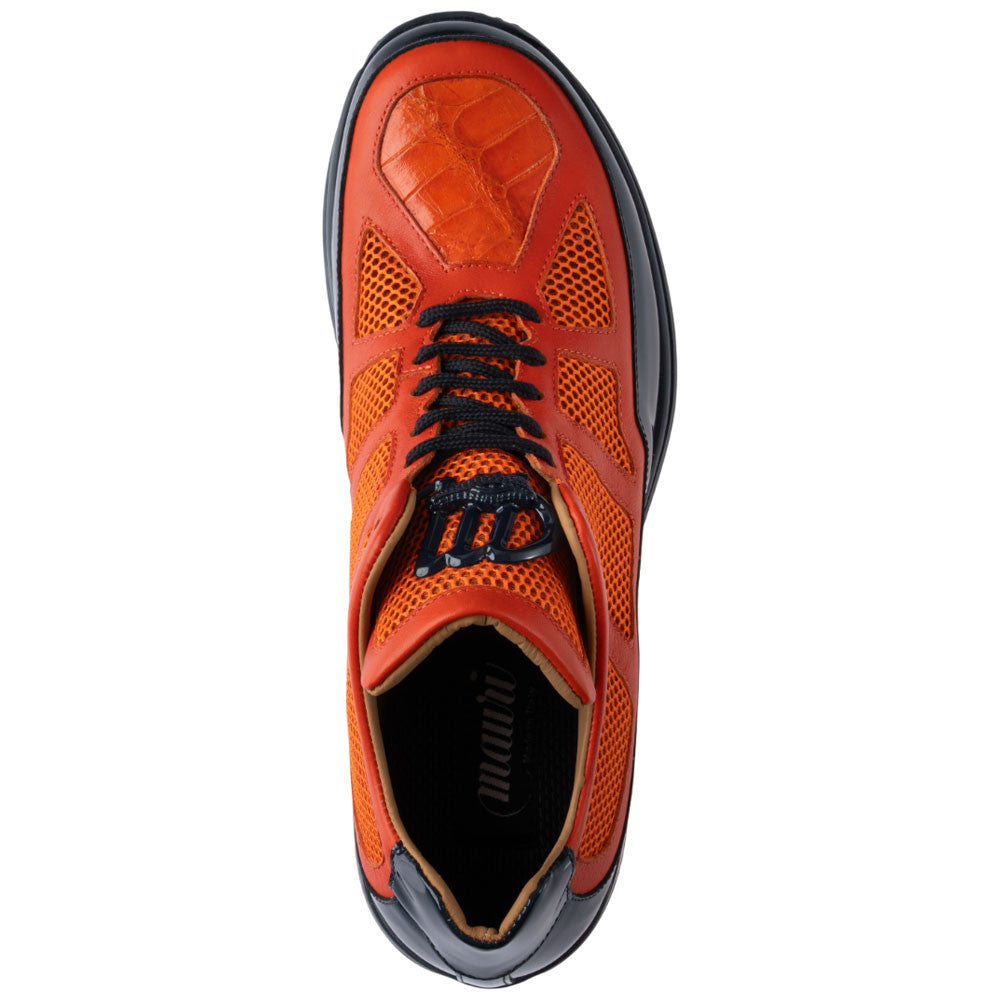 MAURI Shoes Men’s Grid Sneaker Orange White Patent, Calfskin, Baby Crocodile & Mesh Luxury Sneakers with Matching Belt