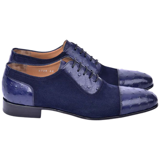Corrente Men's Navy Ostrich Skin and Leather Cap Toe Loafer