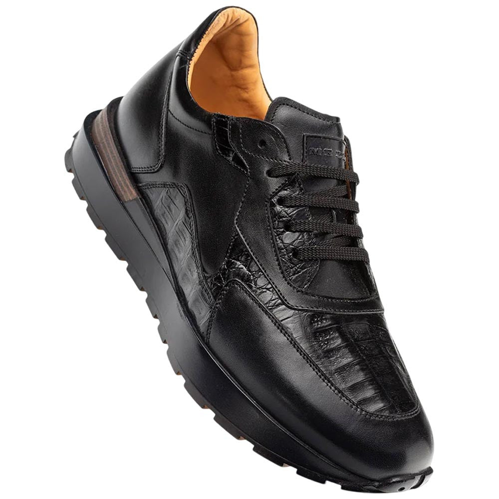 Mezlan Beckton Men's Black Patina Calfskin & Crocodile Dress Sneaker - Handmade in Spain