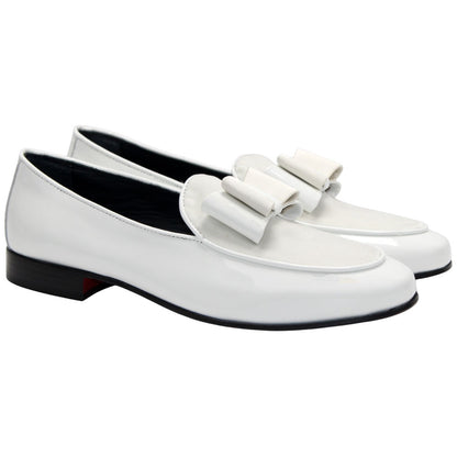 Amalfi White Velvet & Patent Leather Slip on | Duca Bow Dress Loafers