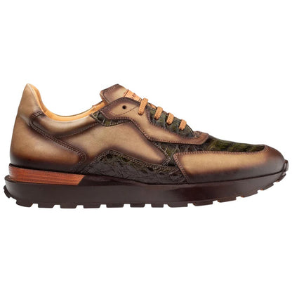Mezlan Beckton Men's Olive Patina Calfskin & Crocodile Dress Sneaker - Handmade in Spain