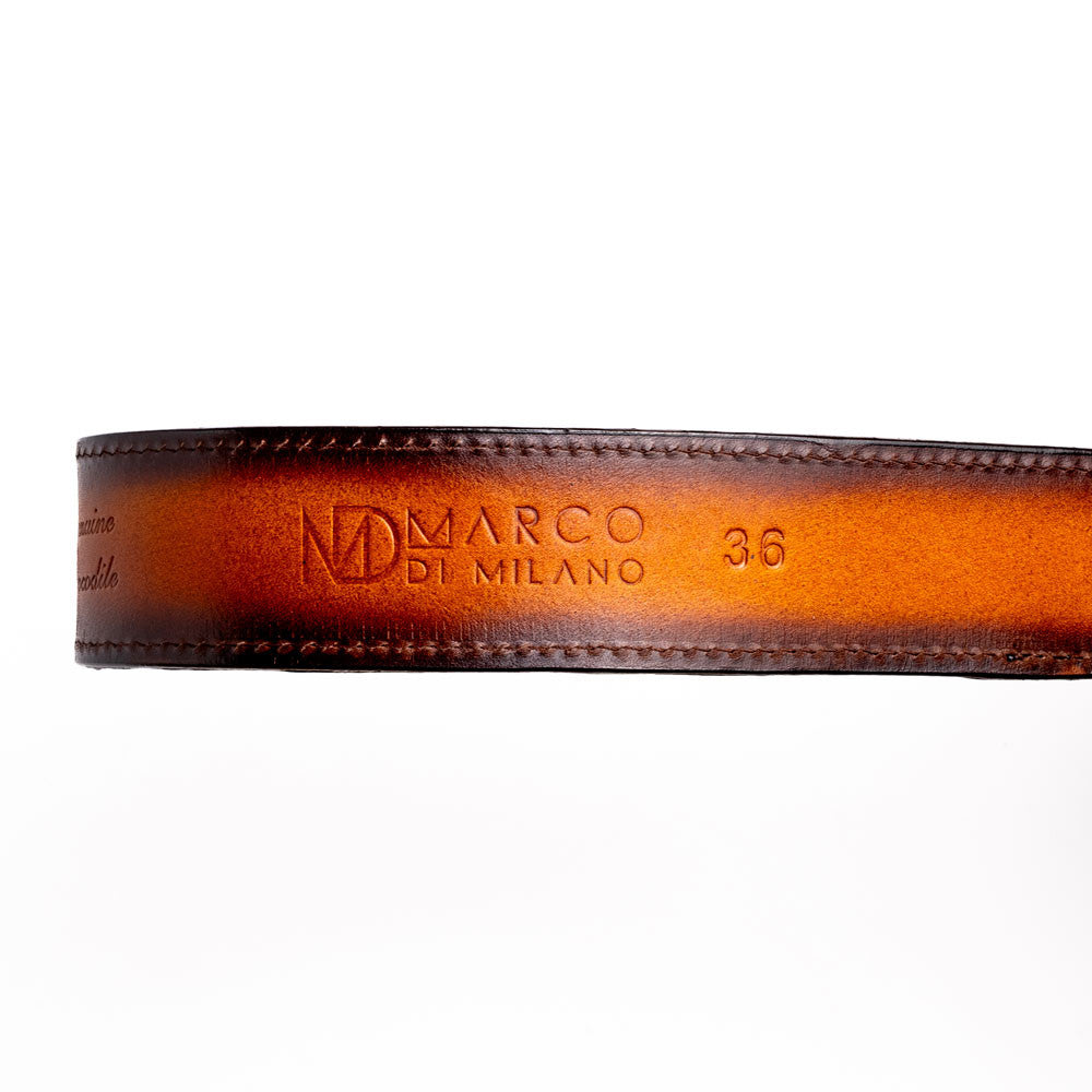 Texas Genuine Caiman Crocodile Skin Belt in Aged Brown with Antique Western Buckle | Marco Di Milano Exotic Belt