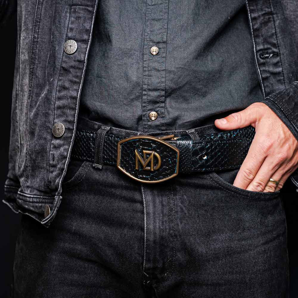 Arkansas Genuine Python Skin Western Belt in Black/Blue with Antique Western Buckle | Marco Di Milano Exotic Belt