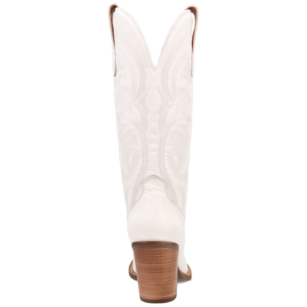 Hensley Leather White-on-White Embroidered Wooden Block Heel Snip Toe Women Boot | Dingo Western Cowgirl Boots