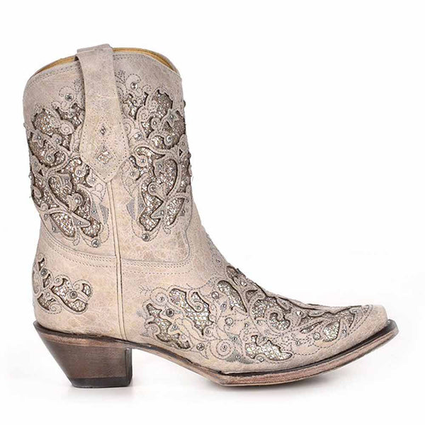 Corral Bone White Glitter Inlay and Crystals Ankle Boots