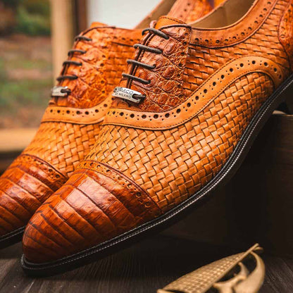 John Brandy Men’s Woven calfskin Genuine Caiman Crocodile Cap Toe Oxford | Marco Di Milano