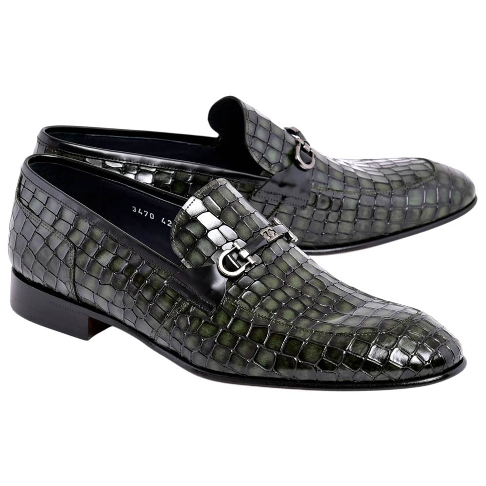 Corrente Men's Crocodile Print Leather Bit Loafer - Green