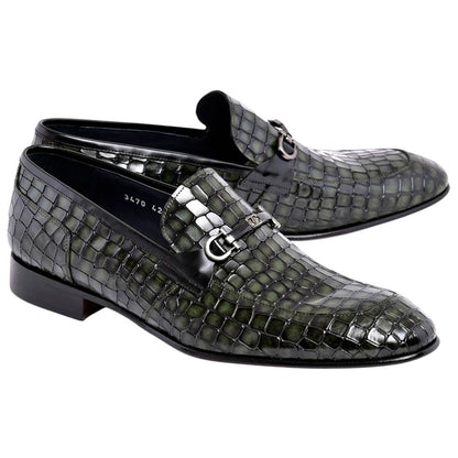 Corrente Men's Crocodile Print Leather Bit Loafer - Green