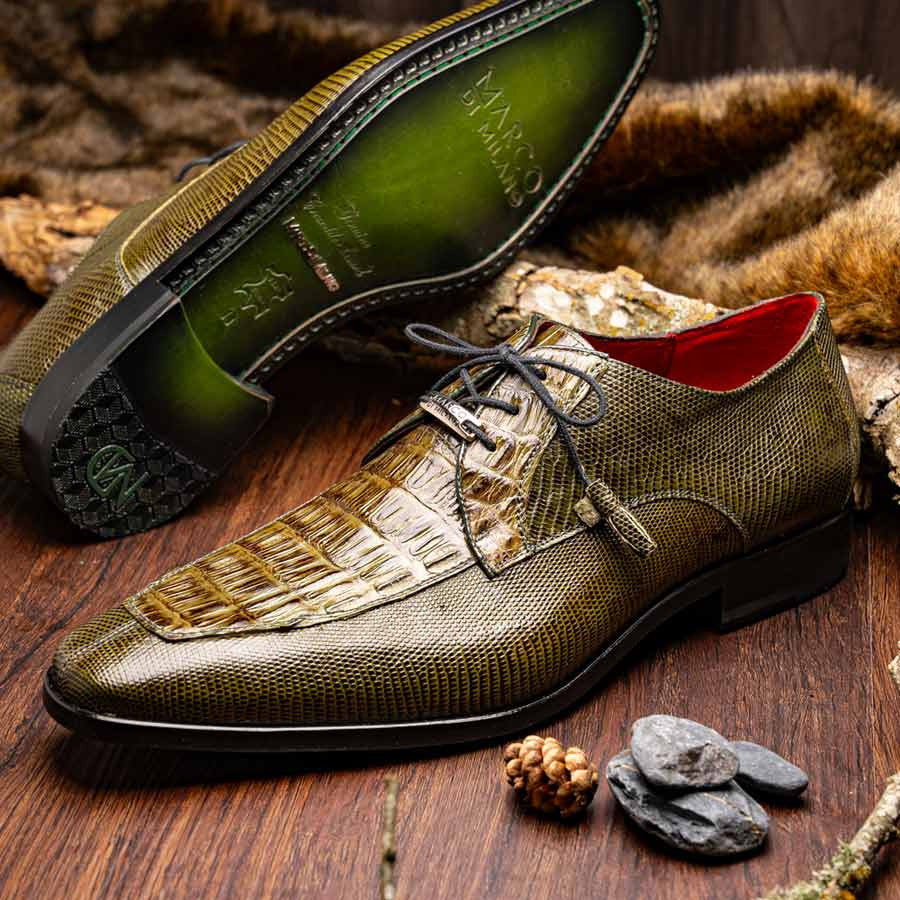 Merida Genuine Caiman and Lizard Skin Olive Green Dress Derby | Marco Di Milano