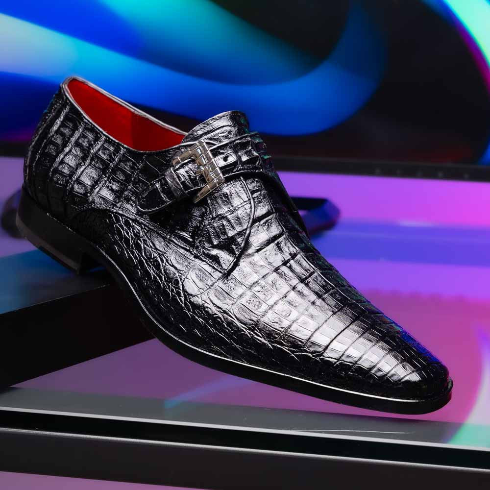 Rovigo Black Men’s Genuine Caiman Crocodile Dress Monk Strap | Marco Di Milano