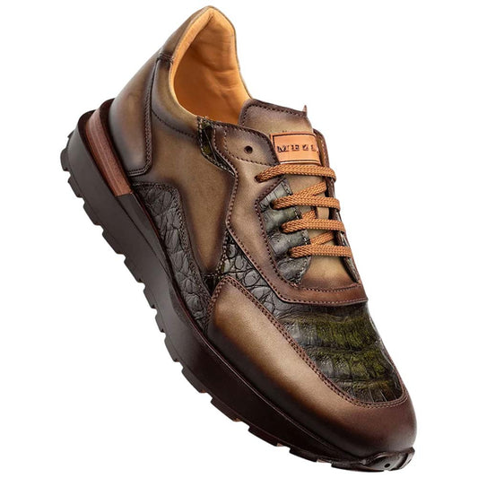Mezlan Beckton Men's Olive Patina Calfskin & Crocodile Dress Sneaker - Handmade in Spain