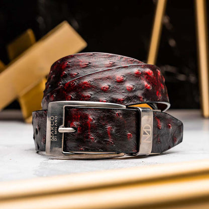 Domenico Men’s Genuine Exotic Ostrich Belts With Brushed Chrome Buckle | Marco Di Milano Exotic Belt in Cherry