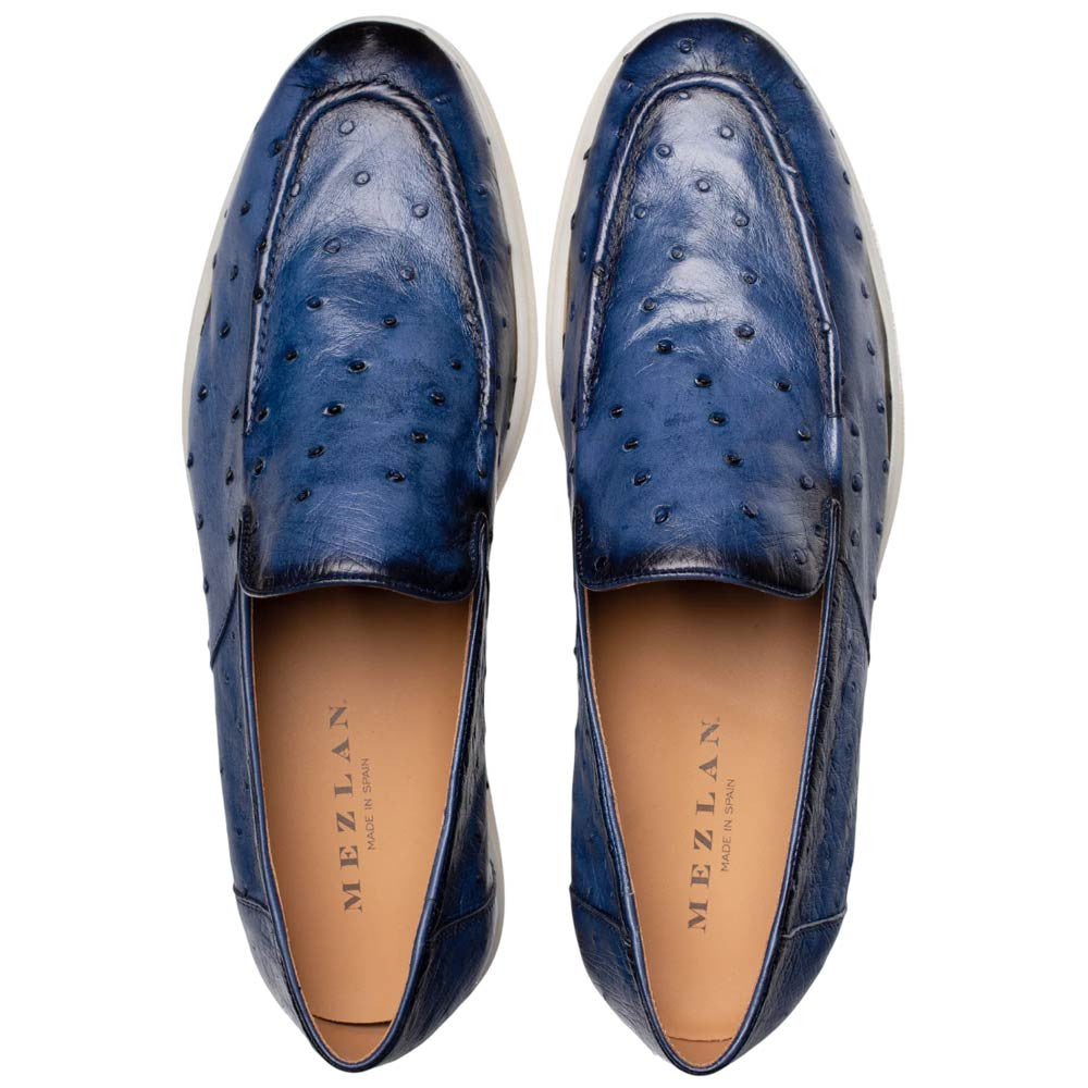 Mezlan of Spain Men’s Marmi Ostrich Quill Flex Jean Blue Casual Moccasin Loafer