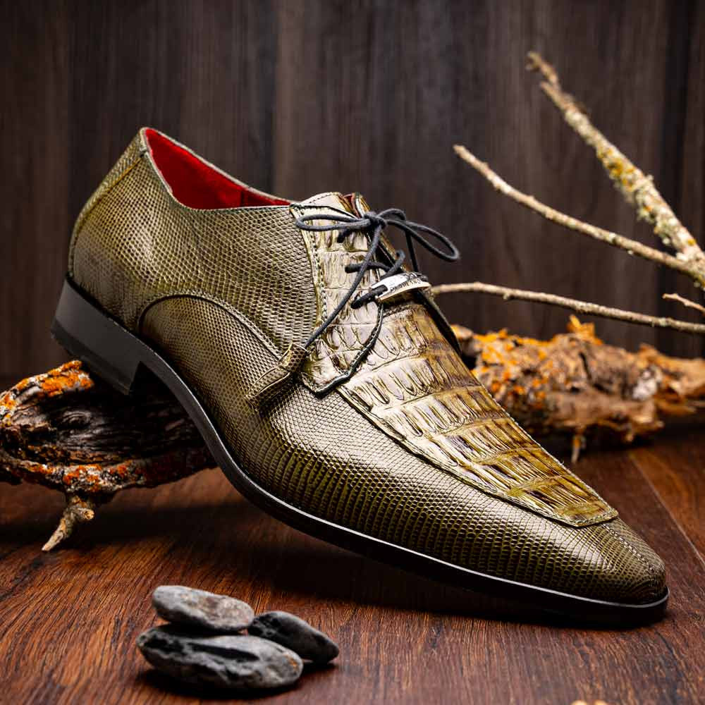 Merida Genuine Caiman and Lizard Skin Olive Green Dress Derby | Marco Di Milano