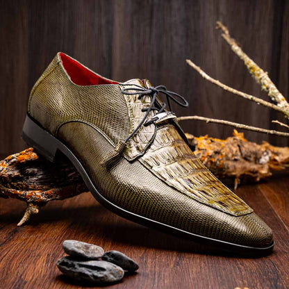 Merida Genuine Caiman and Lizard Skin Olive Green Dress Derby | Marco Di Milano
