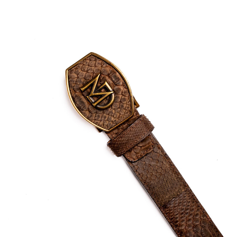 Arkansas Genuine Python Skin Western Belt in Brown with Antique Western Buckle | Marco Di Milano Exotic Belt