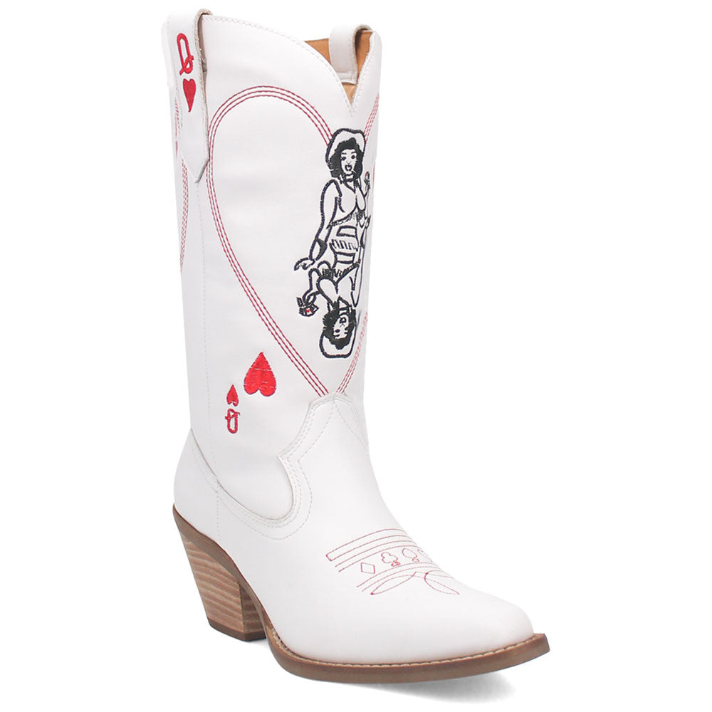 Queen A Hearts White Leather with Red Embroidered Narrow Toe Women Boot | Dingo Western Cowgirl Boots